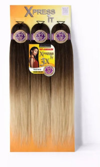 Thumbnail for Three bundles of Xpress It 3X hair extensions with a dark brown to light blonde ombré color, displayed on their orange and yellow retail backing card.