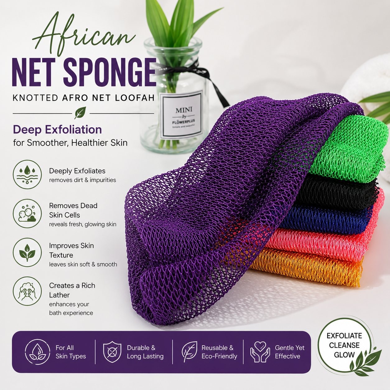 A set of colorful knotted African net bath towels displayed on a white background with promotional text and icons. The main towel in the foreground is purple, with other stacked towels in green, black, blue, pink, and orange behind it.