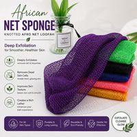 Thumbnail for A set of colorful knotted African net bath towels displayed on a white background with promotional text and icons. The main towel in the foreground is purple, with other stacked towels in green, black, blue, pink, and orange behind it.