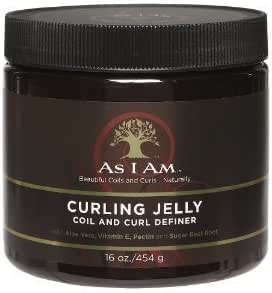 A jar of As I Am Curling Jelly Coil and Curl Definer, 16 oz / 454 g. The product is in a dark brown jar with a black lid and a matching dark brown label featuring a gold tree logo and gold text.
