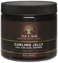 Thumbnail for A jar of As I Am Curling Jelly Coil and Curl Definer, 16 oz / 454 g. The product is in a dark brown jar with a black lid and a matching dark brown label featuring a gold tree logo and gold text.