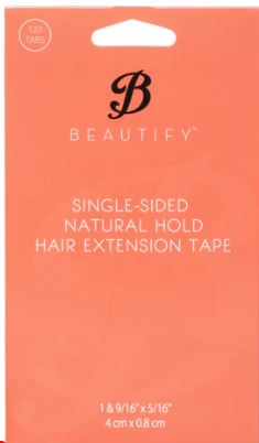 Packaging of Beautify single-sided natural hold hair extension tape with 120 tape tabs.