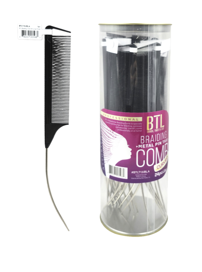 Braiding comb with clear packaging and purple label on a white background