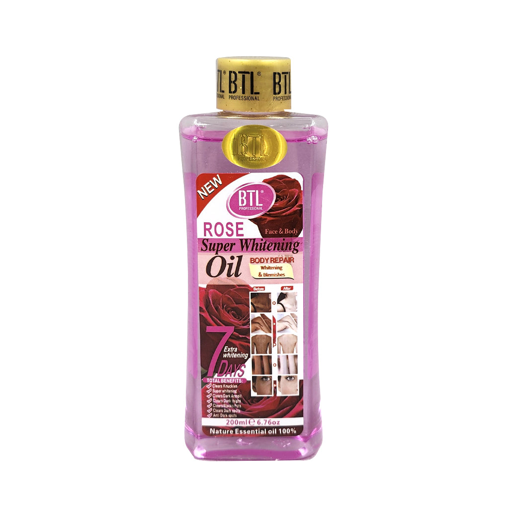 BTL Rose Super Whitening Oil bottle on a white background