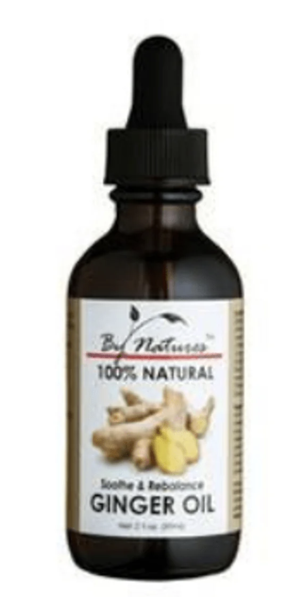 Bottle of ginger oil with a dropper labeled '100% Natural' on a white background