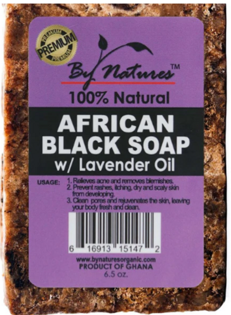 African Black Soap bar with lavender oil on a purple label, featuring By Natures branding.