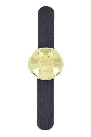 Black textured wristband with a gold circular emblem on a white background