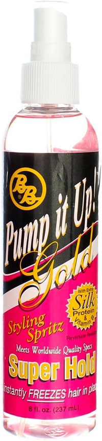 Thumbnail for Product Name: Pump It Up Spritz Gold Super Hold (8 oz)

Brand: Bronner Brothers

Type: Hair Styling Spritz

Hold Strength: 80%

Volume: 8 fl oz (237 mL)

Key Ingredients: Silk Amino Acids, Panthenol (Vitamin B5)

Features: Quick-drying, no flaking, no buildup, reversion-resistant

Best For: Sculpting, spiking, scrunching, and setting styles