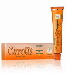 A tube of Carotis Skin Care Brightening Cream with the packaging box. The packaging is mostly orange with text and branding, and the tube is orange as well.