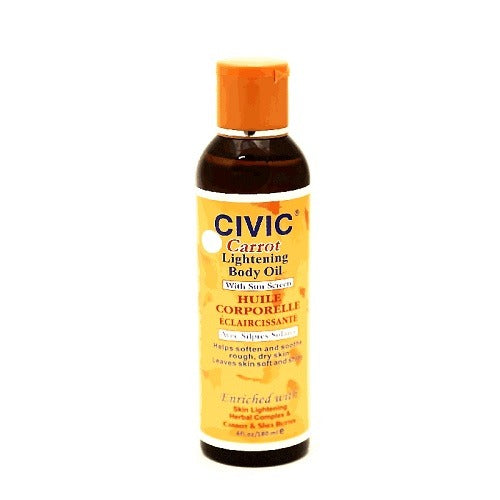 A bottle of Civic Carrot Lightening Body Oil with a bright orange cap and a yellow label, shown against a plain white background.