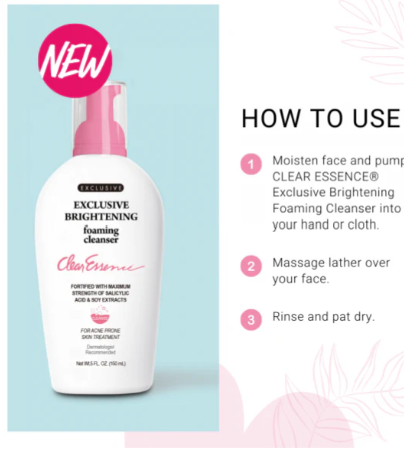 Clear Essence foaming cleanser with usage instructions on a light blue background