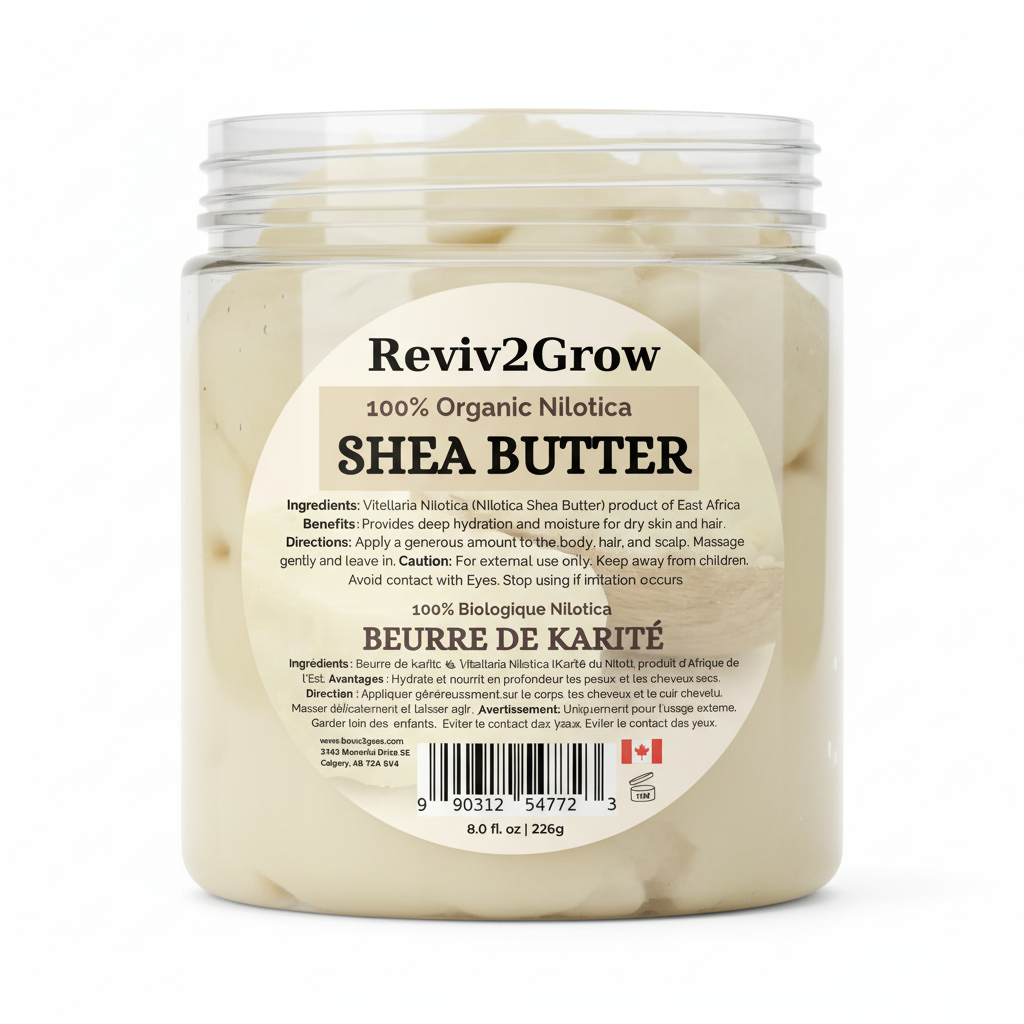 Label of Reviv2Grow 100% Organic Nilotica Shea Butter with text and product details.