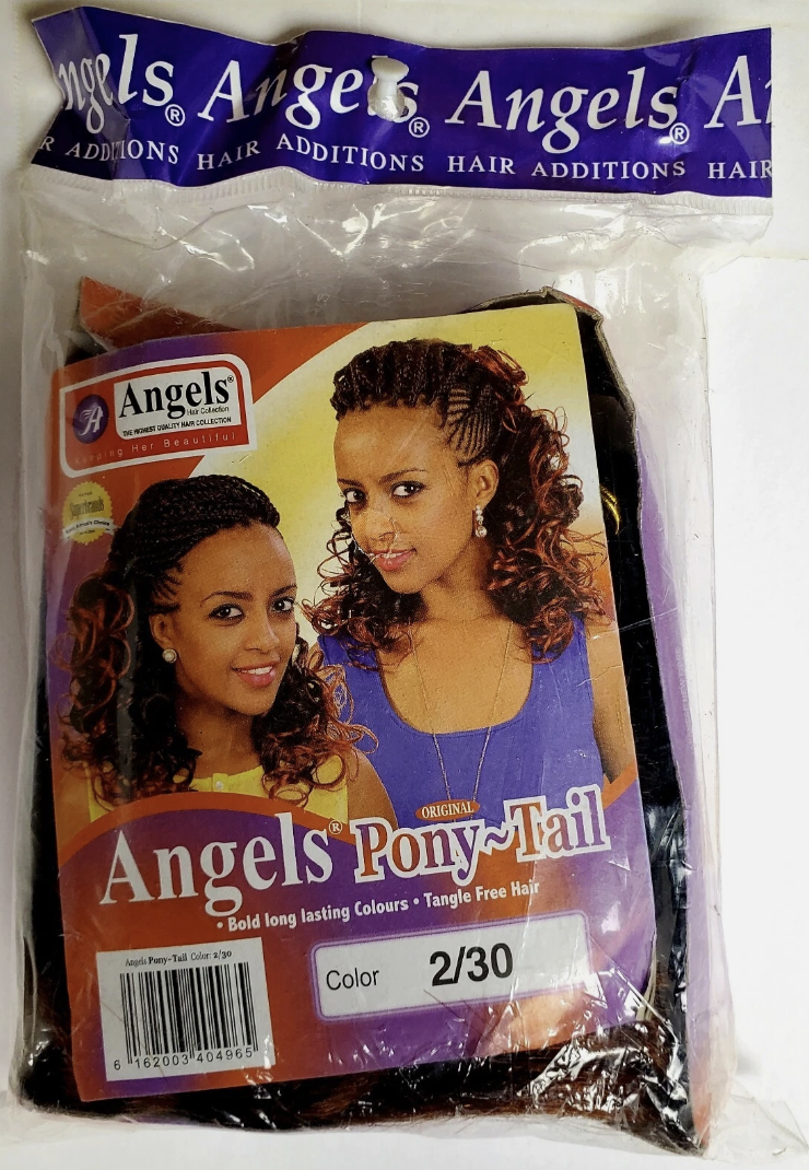 Packaged Angels Pony-Tail hair extensions with a purple label and image of a woman wearing the product.
