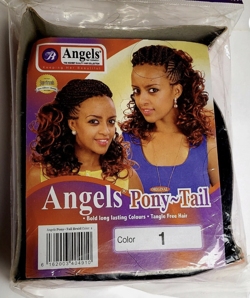 Packaging of Angels Pony-Tail hair product with a woman's face on the label.