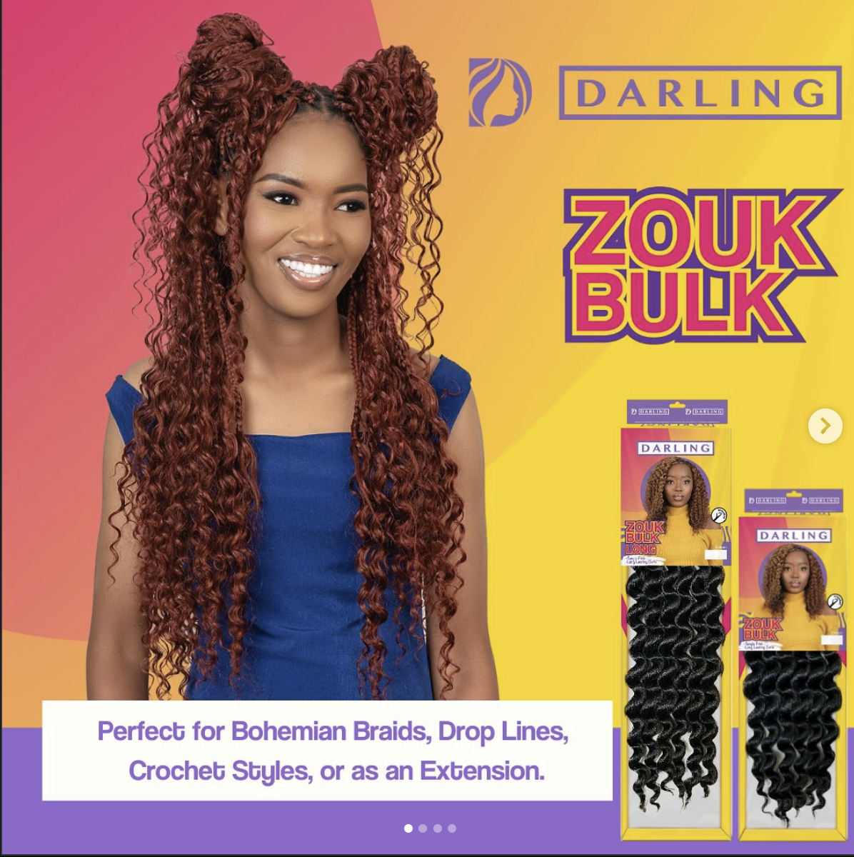 Woman with styled hair and Darling Zouk Bulk hair extensions packaging on a colorful background