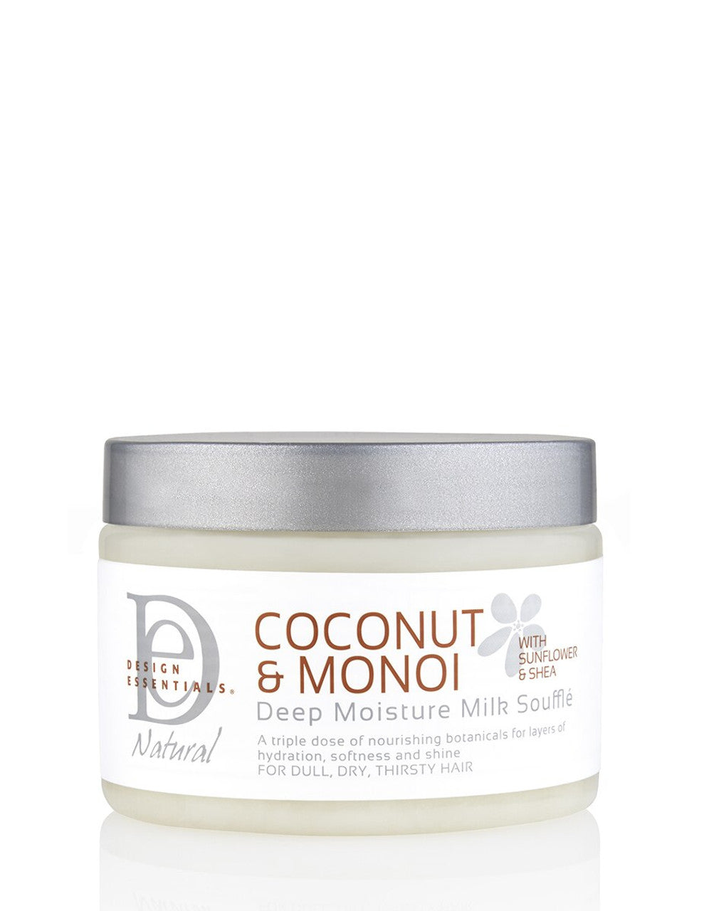 A jar of Design Essentials Coconut & Monoi Deep Moisture Milk Souffle, designed for hair care.