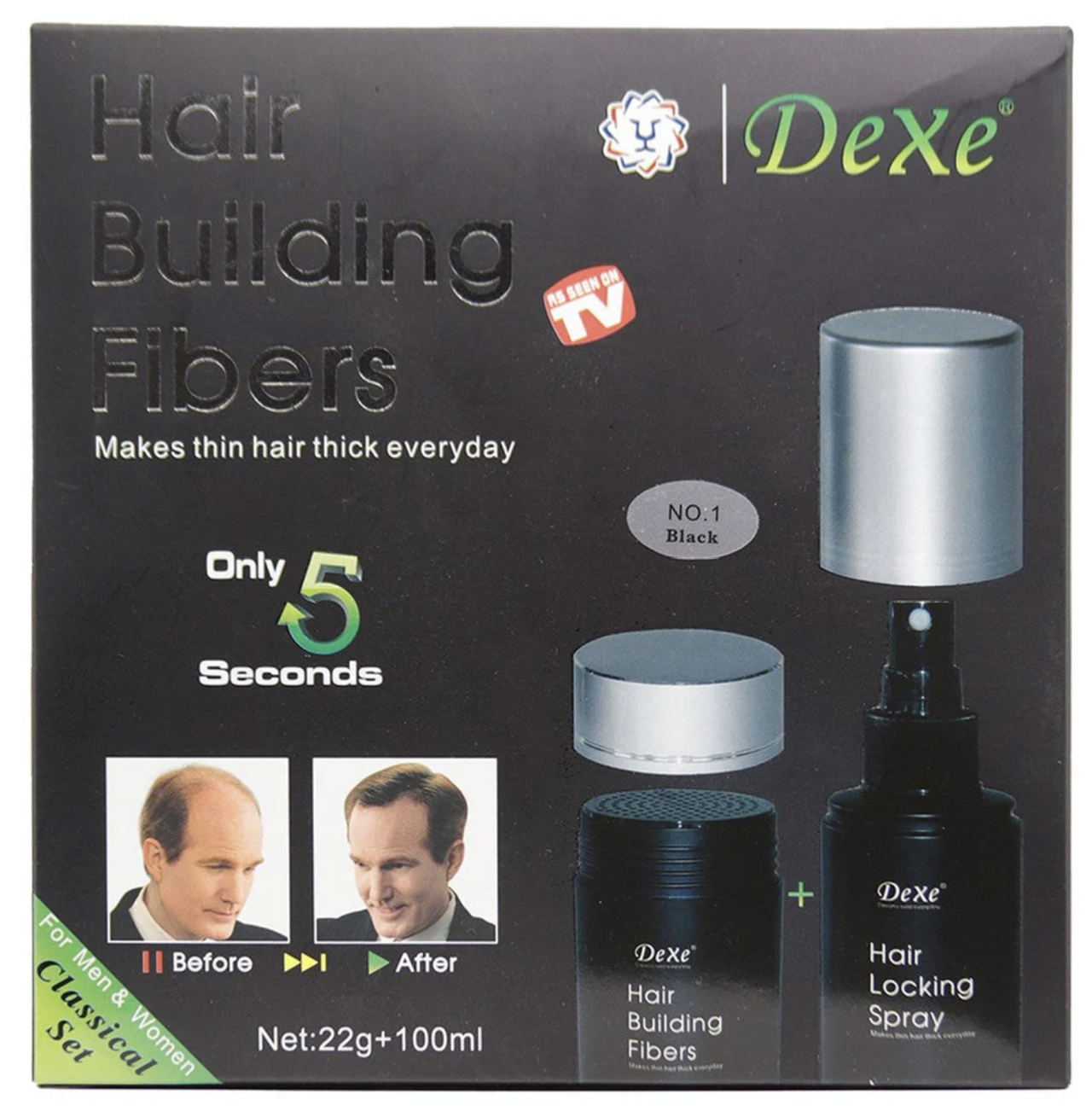 Dexe hair building fibers packaging with product and spray bottle on a black background