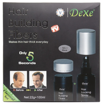 Thumbnail for Dexe hair building fibers packaging with product and spray bottle on a black background