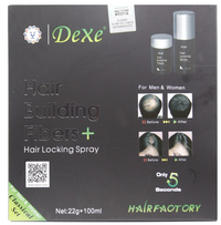 Thumbnail for Dexe hair building fibers and hair locking spray packaging on a black background