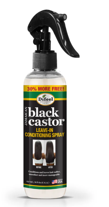 Difeel Jamaican Black Castor leave-in conditioning spray bottle on a white background