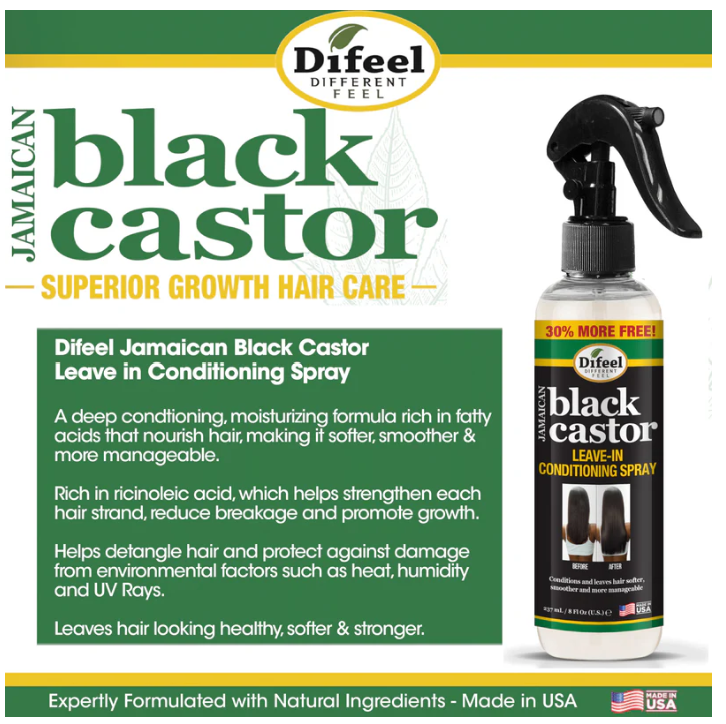 Difeel Jamaican Black Castor Leave-In Conditioning Spray packaging with text on a white background