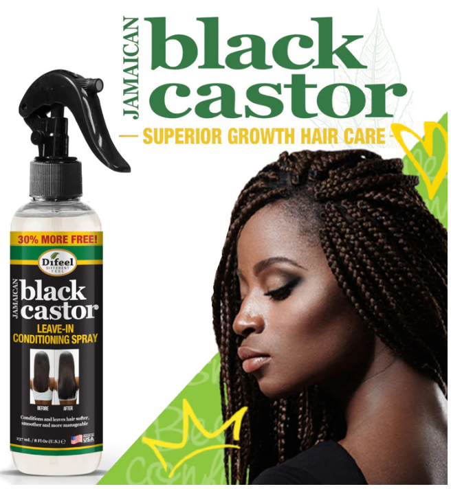 Jamaican Black Castor hair care product with a woman with braided hair on a white background