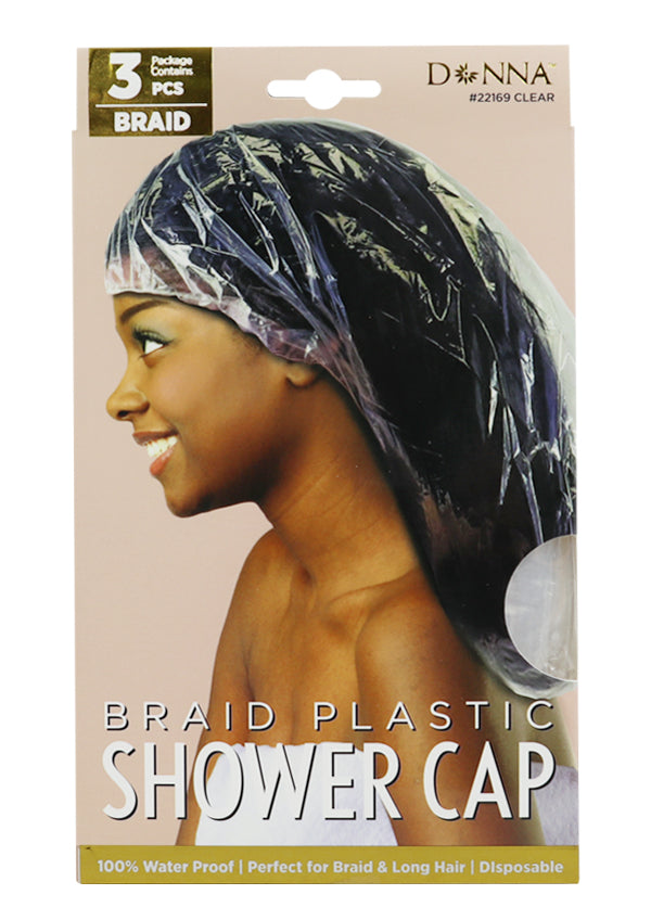 Donna brand braid plastic shower cap packaging with a model wearing the cap.