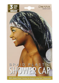 Thumbnail for Donna brand braid plastic shower cap packaging with a model wearing the cap.
