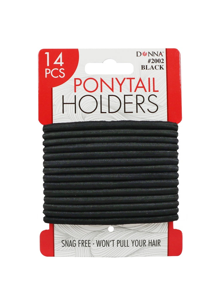 Pack of black ponytail holders with red and white packaging on a white background