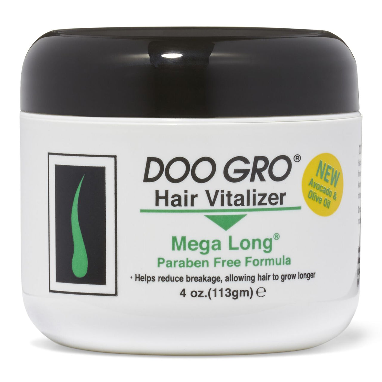 A container of Doo Gro Mega Long Hair Vitalizer with the label showing the product name and the fact that it contains olive and avocado oils.