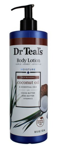 Thumbnail for A pump bottle of Dr Teal's body lotion with coconut oil, predominantly white and blue packaging with images of coconuts and palm leaves.