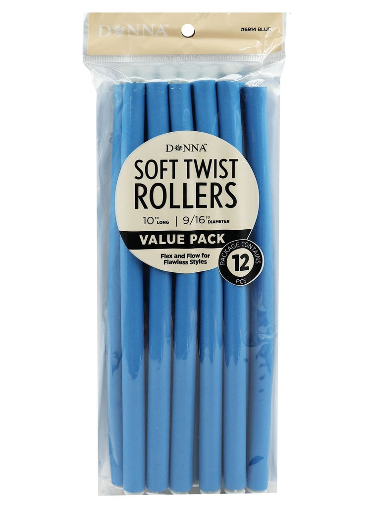 Pack of blue soft twist rollers with a clear front, showing the product and brand details.