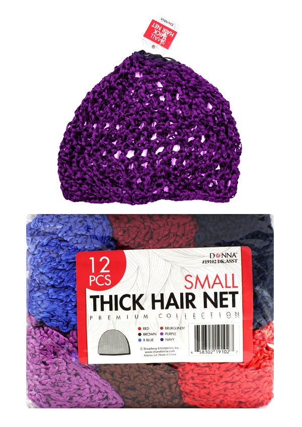 Purple crochet hair net with a package of 12 small thick hair nets on a white background