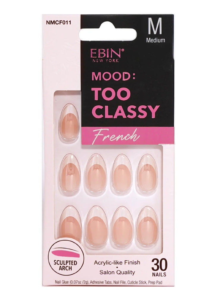 Ebin New York nail extensions packaging with 'Mood: Too Classy' text on a white background