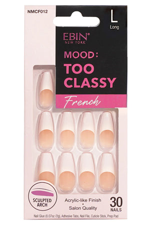 Pack of false nails with 'Ebin' branding and 'Mood: Too Classy' text on a white background.