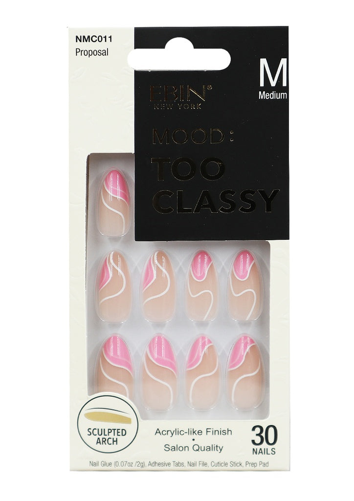 Packaged nail art with pink and beige design, brand 'Mood' visible