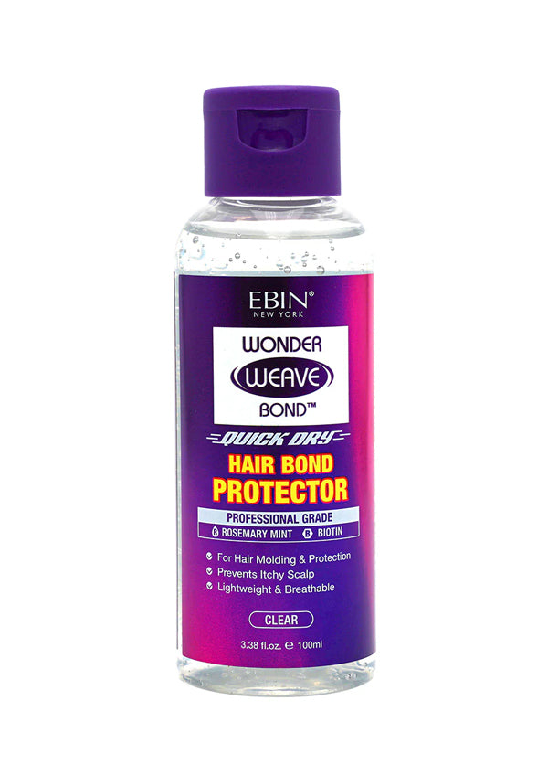 A bottle of Ebin Wonder Weave Bond Quick Dry Hair Bond Protector in Rosemary Mint and Biotin, Clear formula, with a purple cap and a pink and purple label.