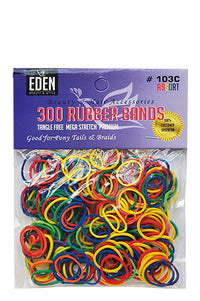 Thumbnail for A package of Eden 103C AS-DRY 300 rubber bands in a clear plastic bag with a purple header card. The bands are multicolor, featuring bright yellow, red, green, blue, and orange.