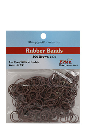 A package of Eden Enterprise, Inc. brown rubber bands, 300 count, displayed in a clear plastic bag with a blue and red header card.