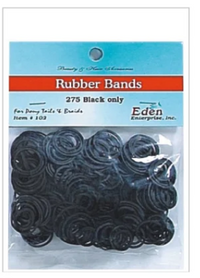 Thumbnail for A package of black rubber bands for penny tails and braids, containing 275 black bands. The product is packaged in a clear plastic bag with a blue and red header card showing the brand Eden Enterprise, Inc.