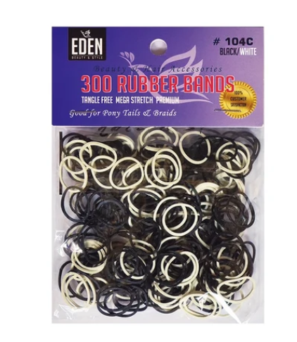 A package of Eden Brand 300 Rubber Bands in color #104C Black/White, containing a mix of black and white elastic bands visible through a clear plastic bag with a purple header card.