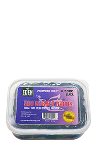 Thumbnail for A clear plastic tub of Eden 4 Beauty 500 rubber bands in black, featuring a purple label with product details and a yellow circular seal.