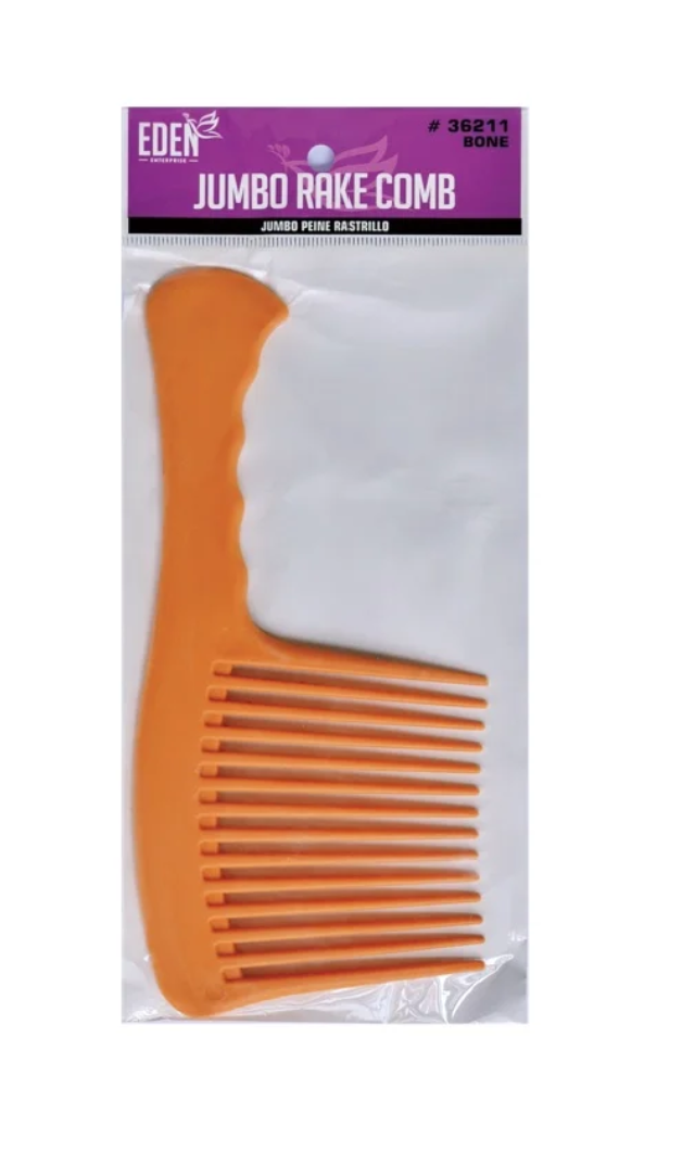 An orange jumbo rake comb in its original retail packaging, featuring a purple header card with the brand name Eden.