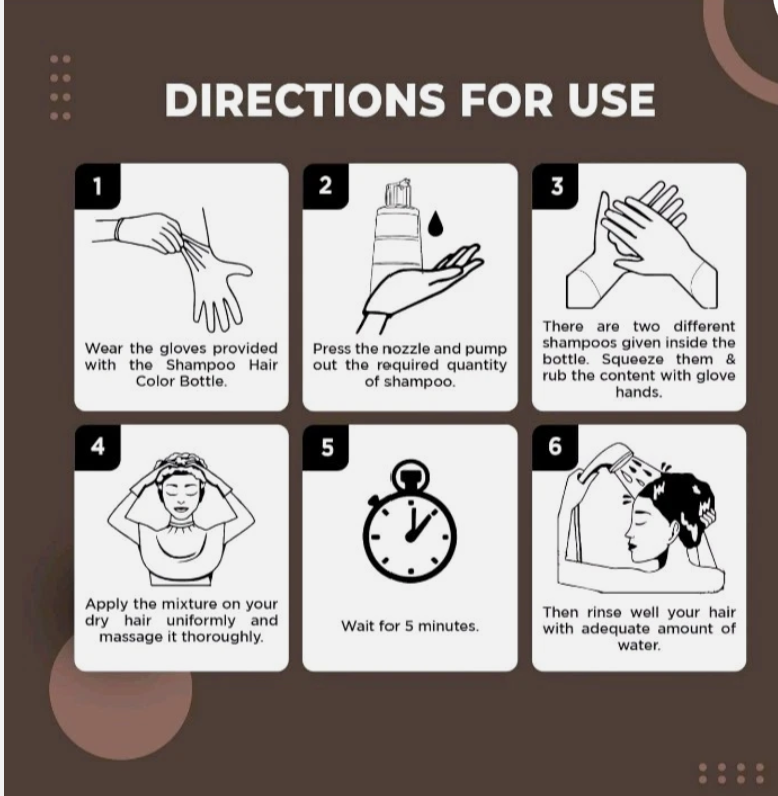 Step-by-step instructions for using a shampoo bottle with gloves on a brown background