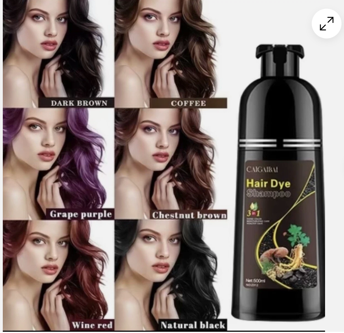 Hair dye product with color options and a bottle labeled 'CAGIABAI Hair Dye Shampoo'.