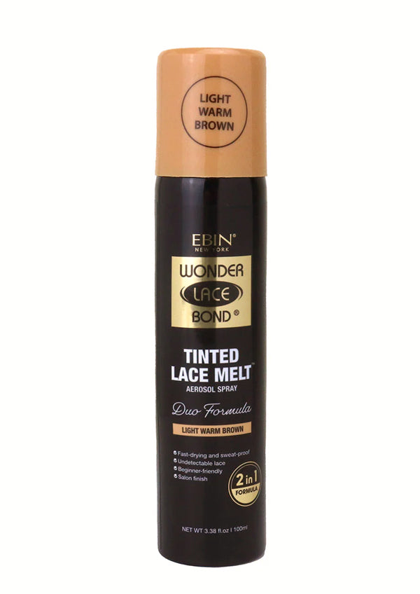 Tinted lace melt spray bottle with beige cap on a white background