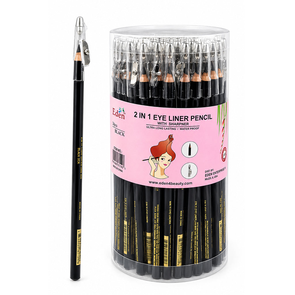 A pack of black 2-in-1 eye liner pencils with charcoal and water proof features, shown in a clear cylindrical container with a pink label, alongside one single pencil standing vertically on the left.