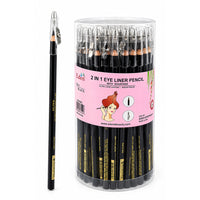 Thumbnail for A pack of black 2-in-1 eye liner pencils with charcoal and water proof features, shown in a clear cylindrical container with a pink label, alongside one single pencil standing vertically on the left.