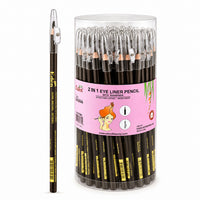 Thumbnail for A clear cylindrical plastic container holding multiple black 2-in-1 eye liner pencils with silver sharpeners, shown alongside one single pencil standing outside the container on a white background. The pencil has a pink and white label with cartoon graphics and text including 'E-ART'.