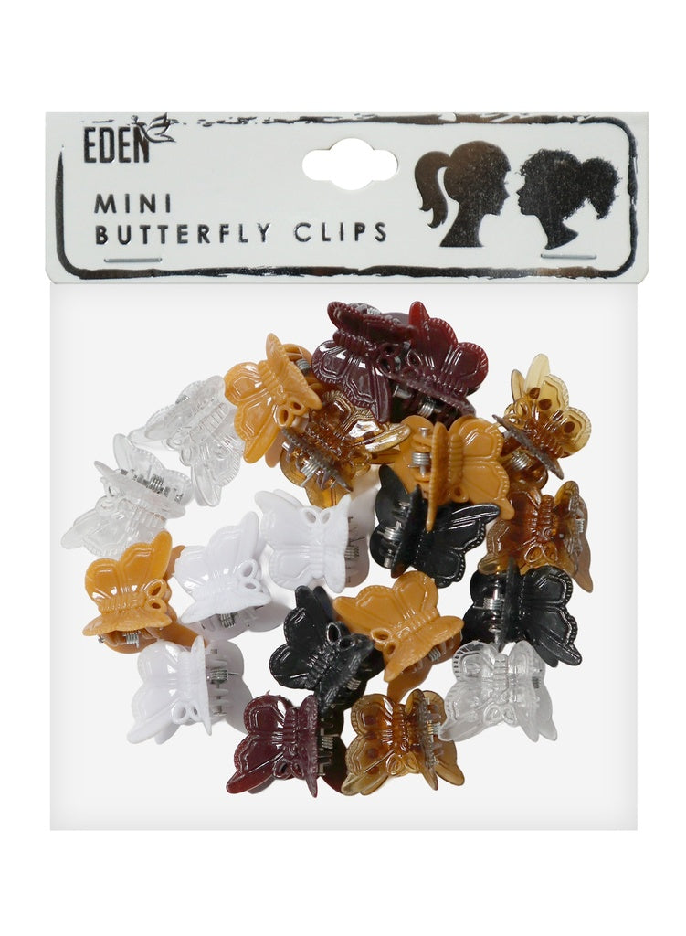 Packaged mini butterfly clips with Eden brand on a white background